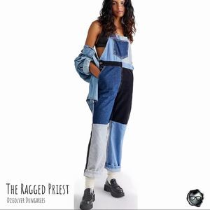 NWT FREE PEOPLE PATCHWORK OVERALLS IN BLUE MIX